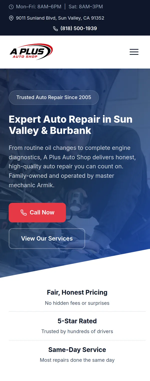 A Plus Auto Shop website shown on a phone