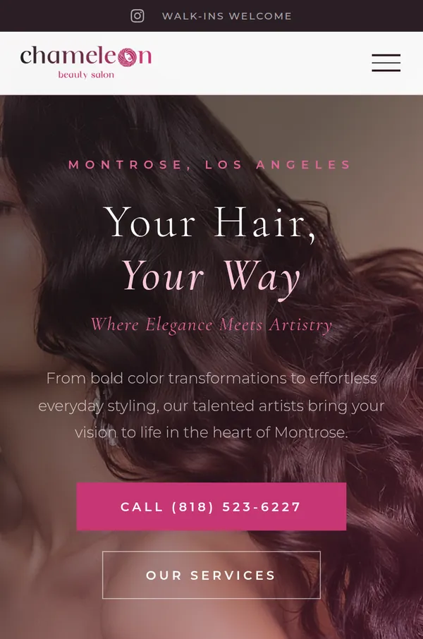 Chameleon Beauty Salon website shown on a phone