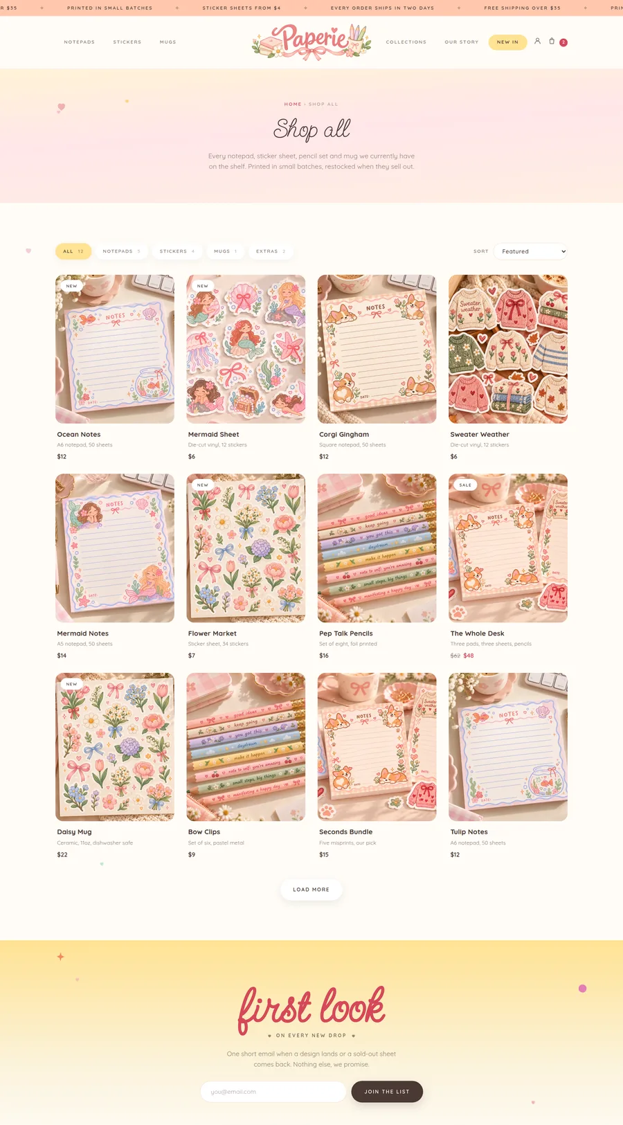 Paperie shop page with filters