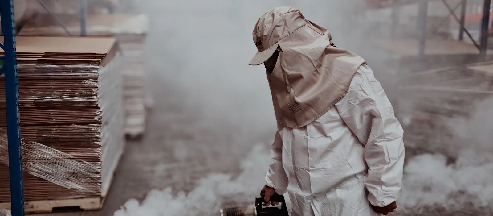A pest control technician in protective equipment treating a property, pest control web design by Designs by Delia