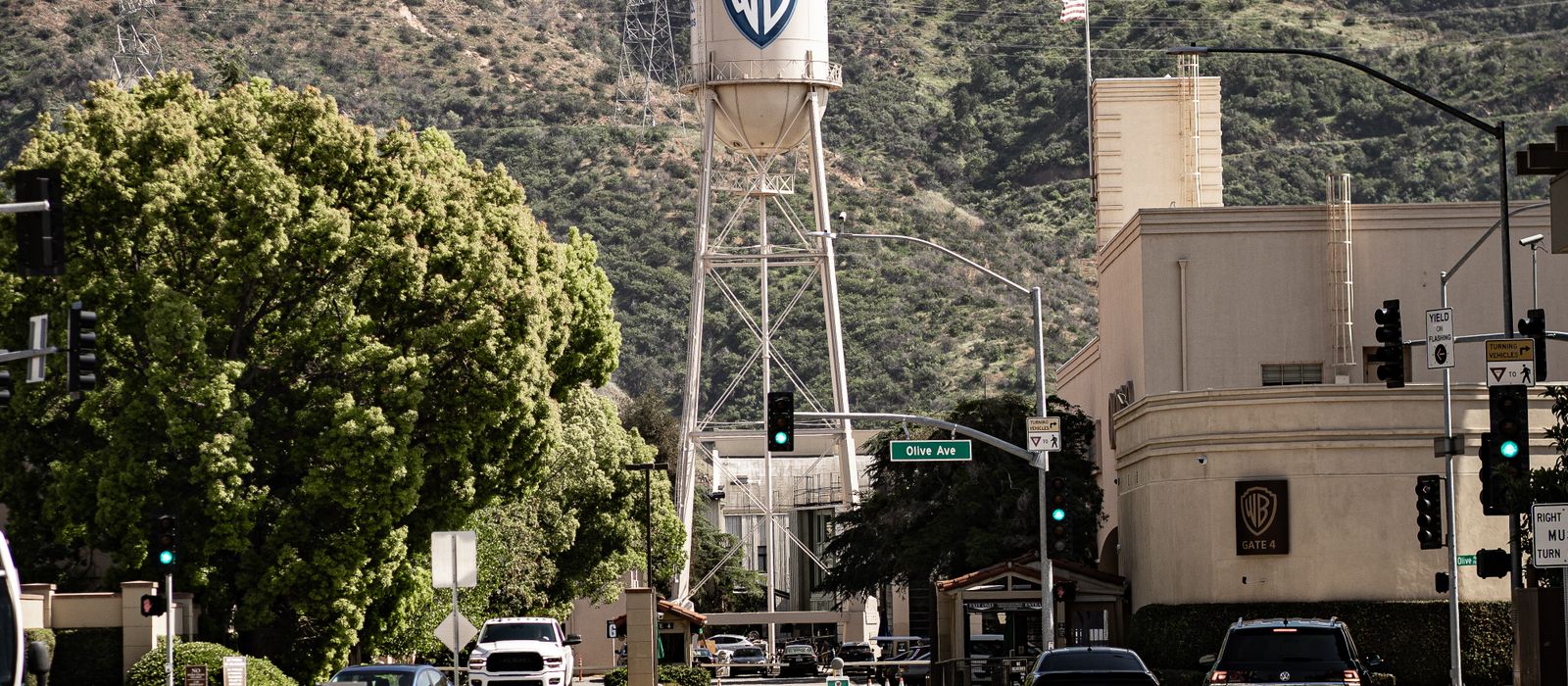 The Warner Bros. water tower and the Verdugo Mountains in Burbank, California