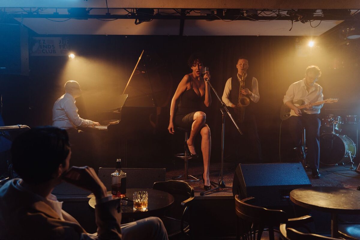 A band playing to a seated room
