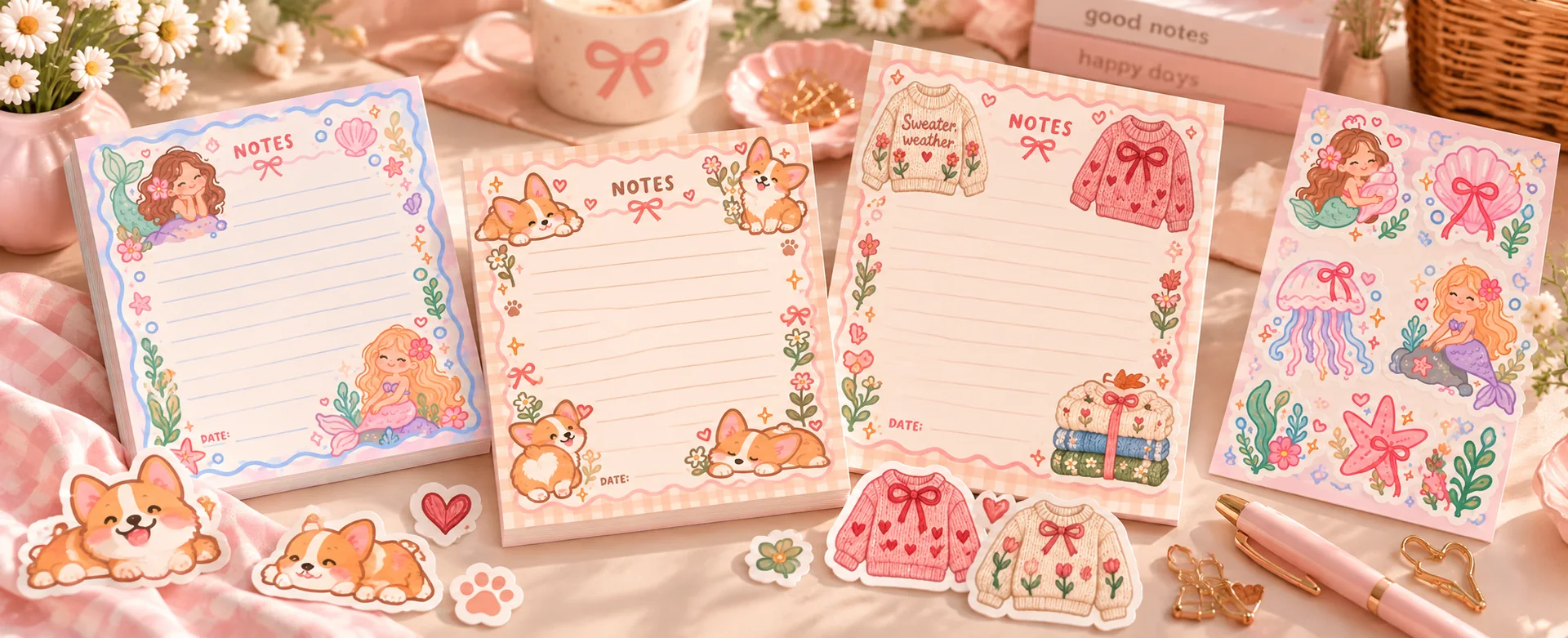 Notepads and die-cut sticker sheets laid out on a pink table, corgi, mermaid and sweater designs