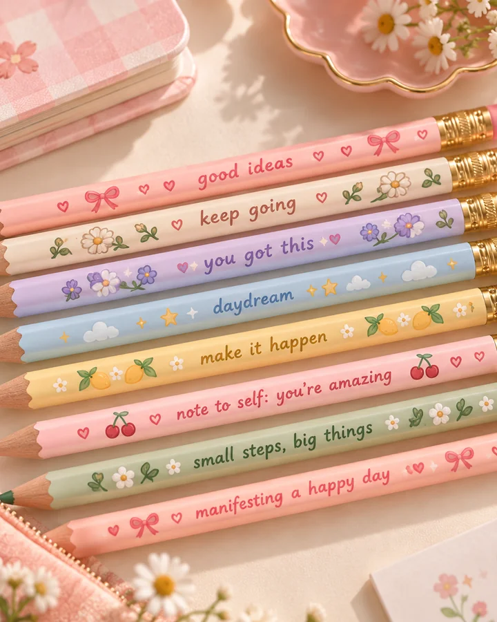A row of foil printed pencils laid out on a pink desk