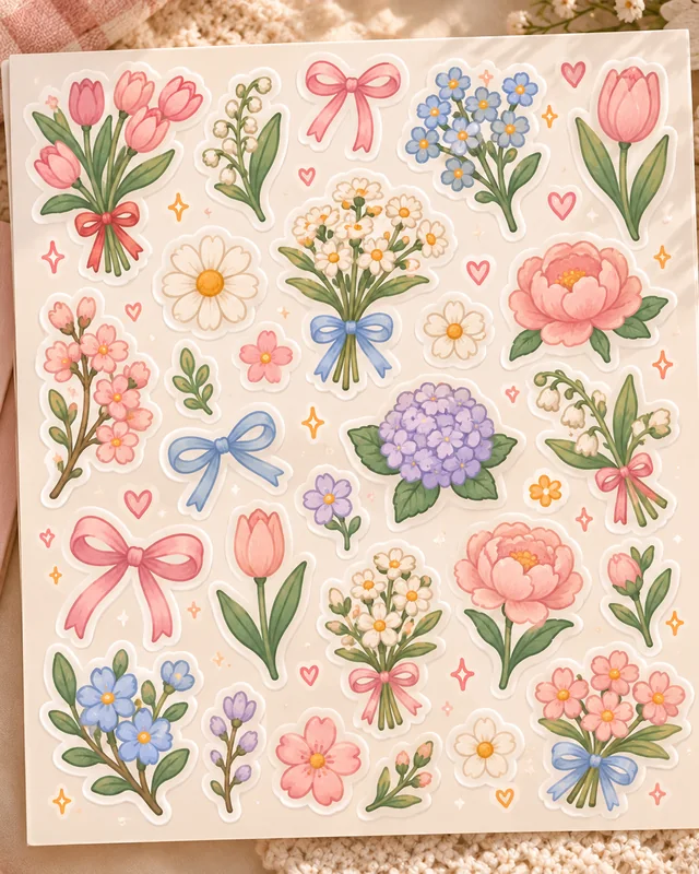 A floral sticker sheet resting on a notebook