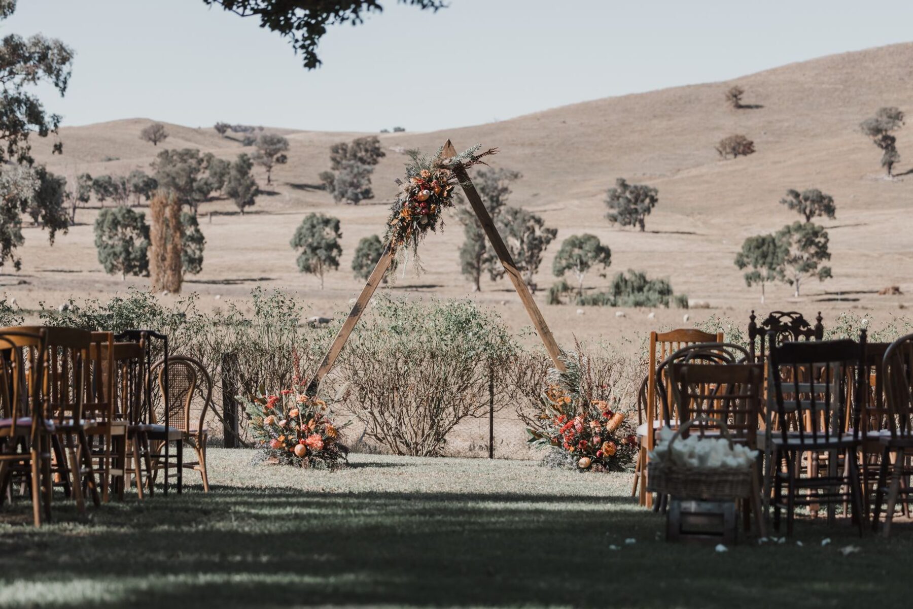 Wooden ceremony arbor in a meadow with golden hills behind